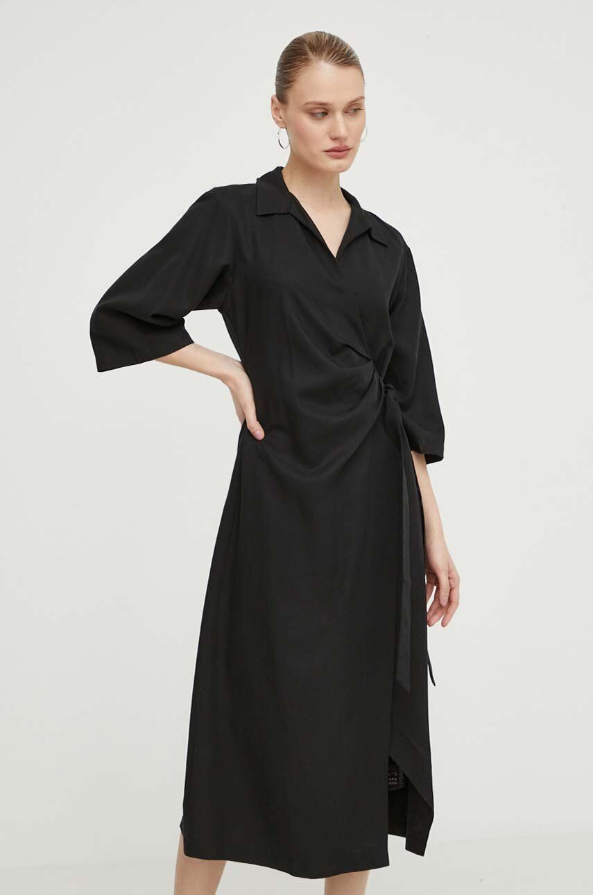 Samsoe Samsoe rochie din amestec de in culoarea negru, midi, evazati