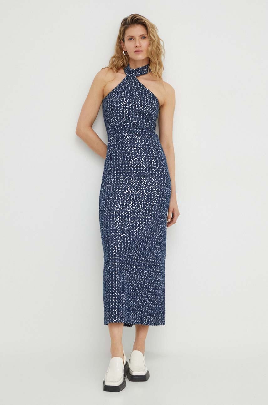 Résumé rochie din bumbac culoarea bleumarin, maxi, dreaptă