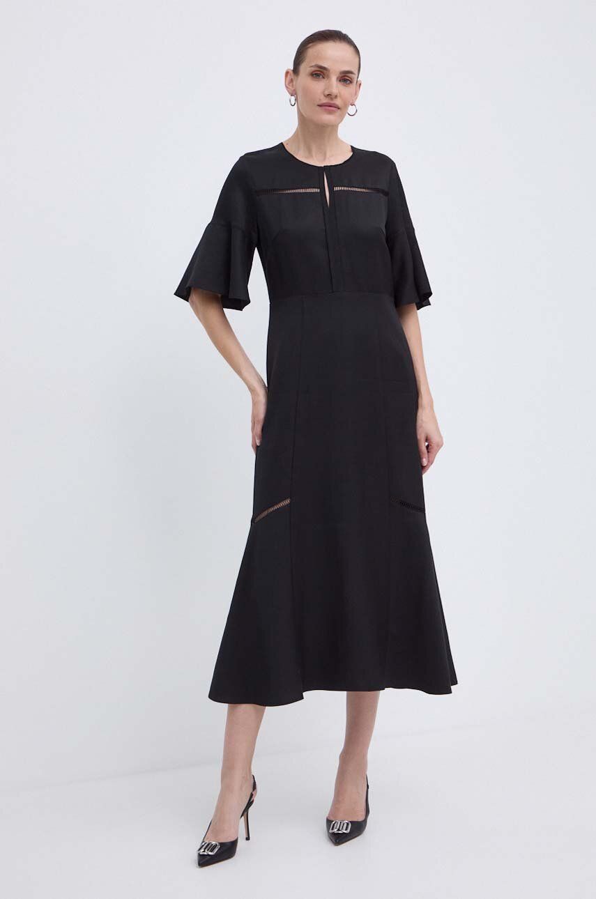 BOSS rochie din amestec de in culoarea negru, midi, evazati, 50512807