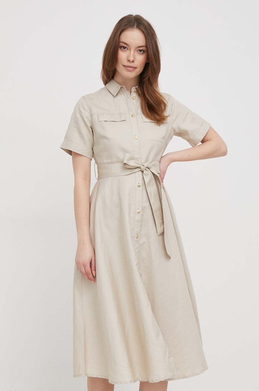 Barbour rochie din in culoarea bej, midi, evazati