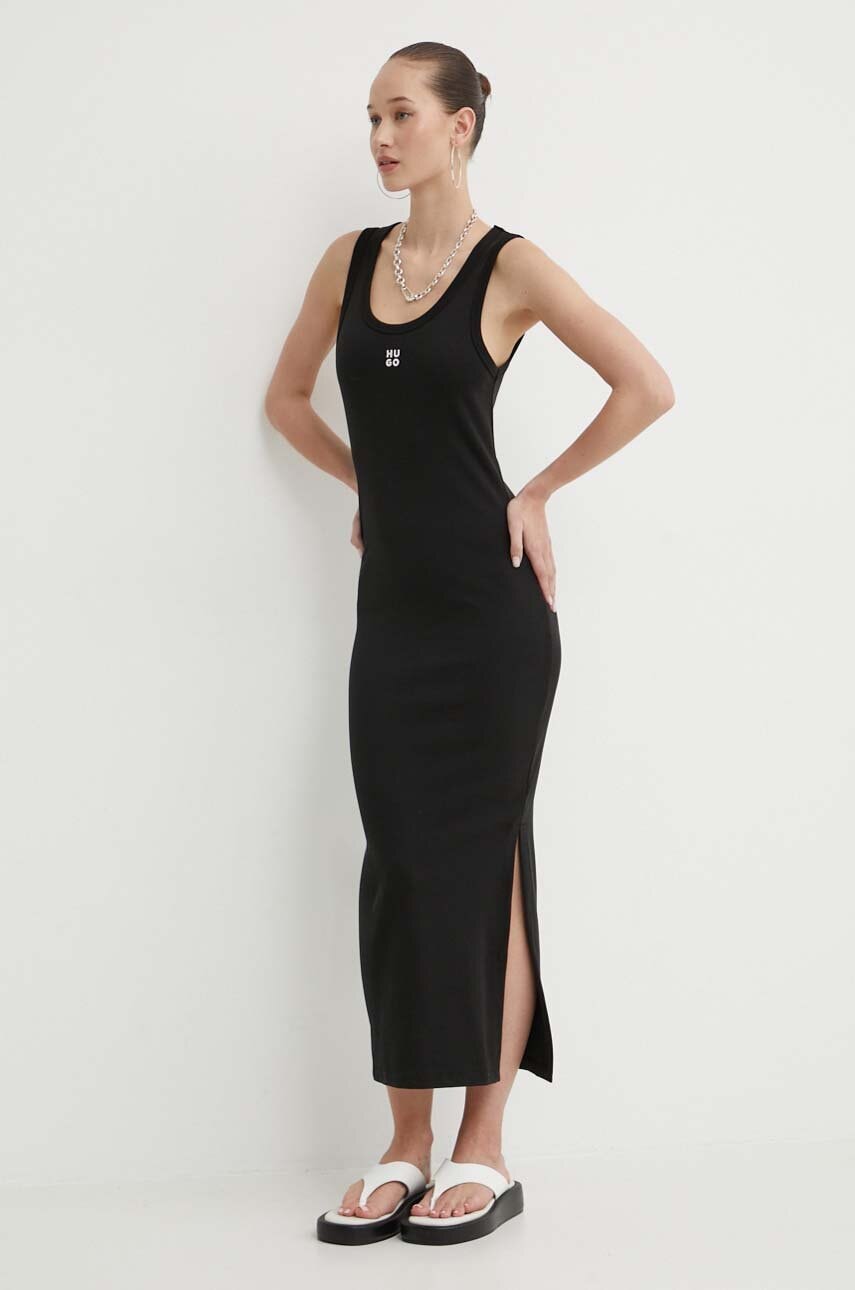 HUGO rochie culoarea negru, midi, mulată, 50514521 - 0 | YEO