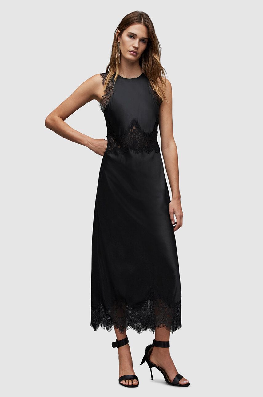 AllSaints rochie din amestec de matase Alula culoarea negru, maxi, evazati