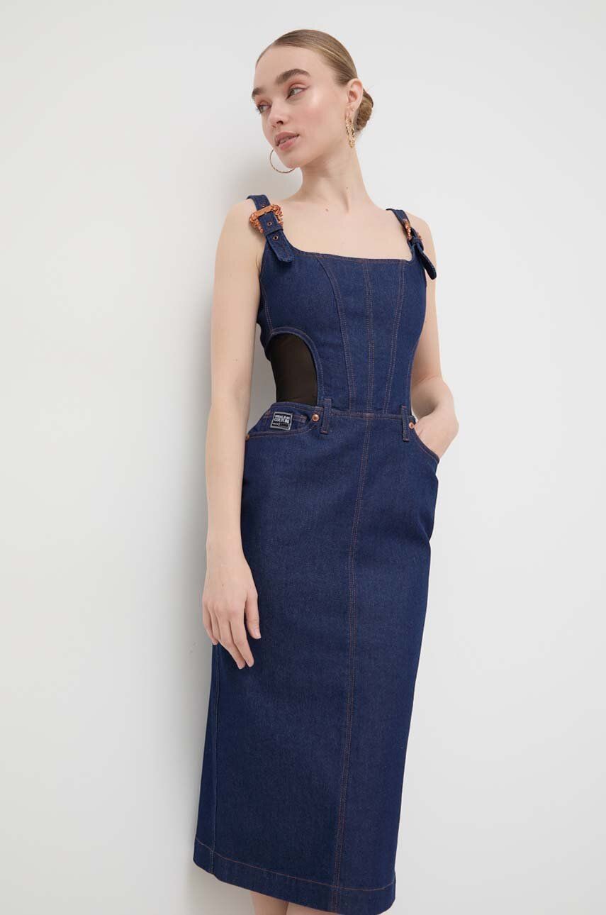 Rifľové šaty Versace Jeans Couture tmavomodrá farba, midi, rovný strih