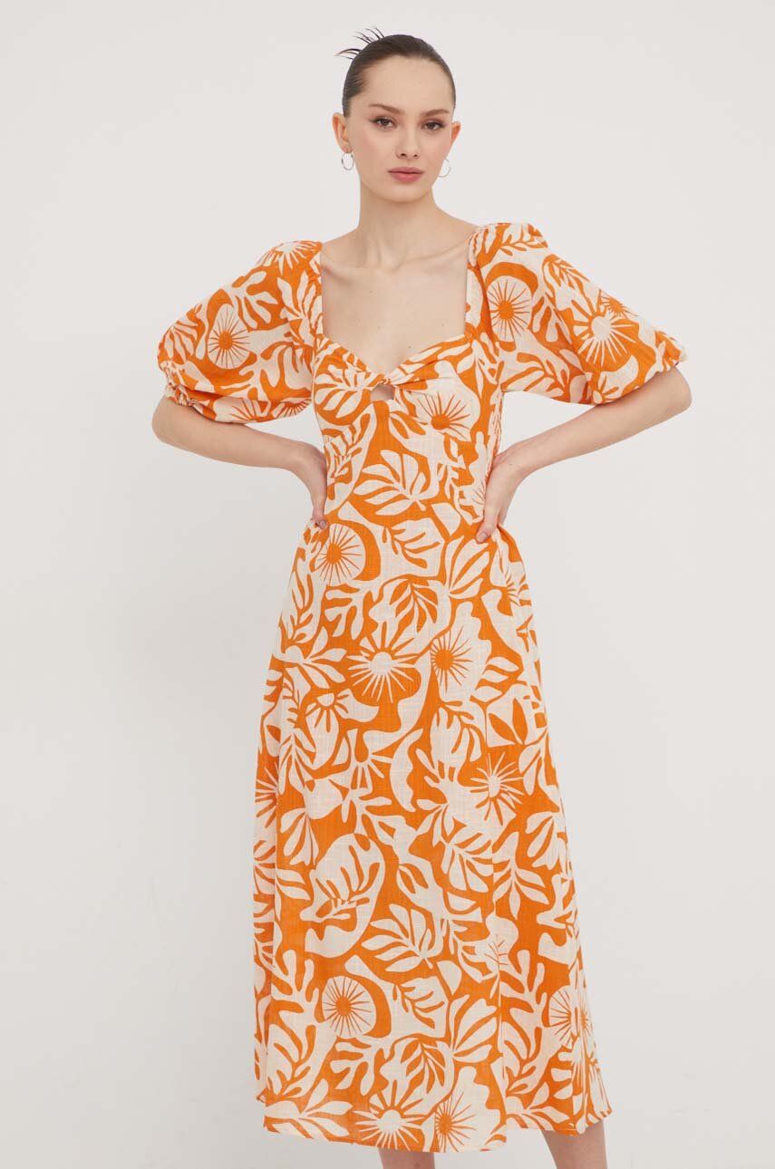 Billabong rochie din bumbac culoarea portocaliu, midi, evazati