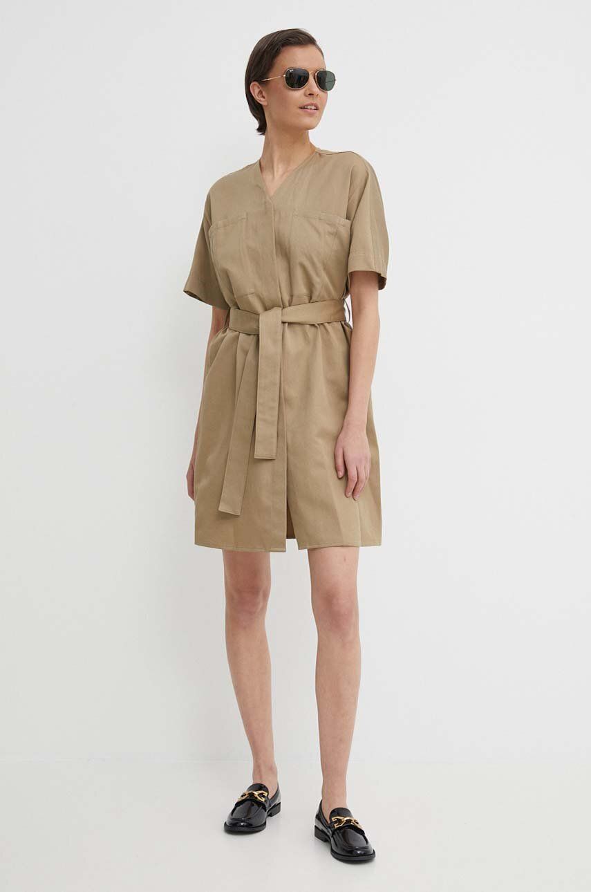 Levně Šaty s příměsí lnu Calvin Klein zelená barva, mini, K20K206947