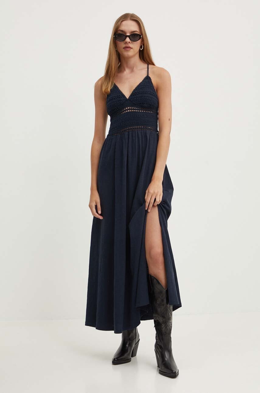 Бавовняна сукня Superdry колір синій maxi розкльошена