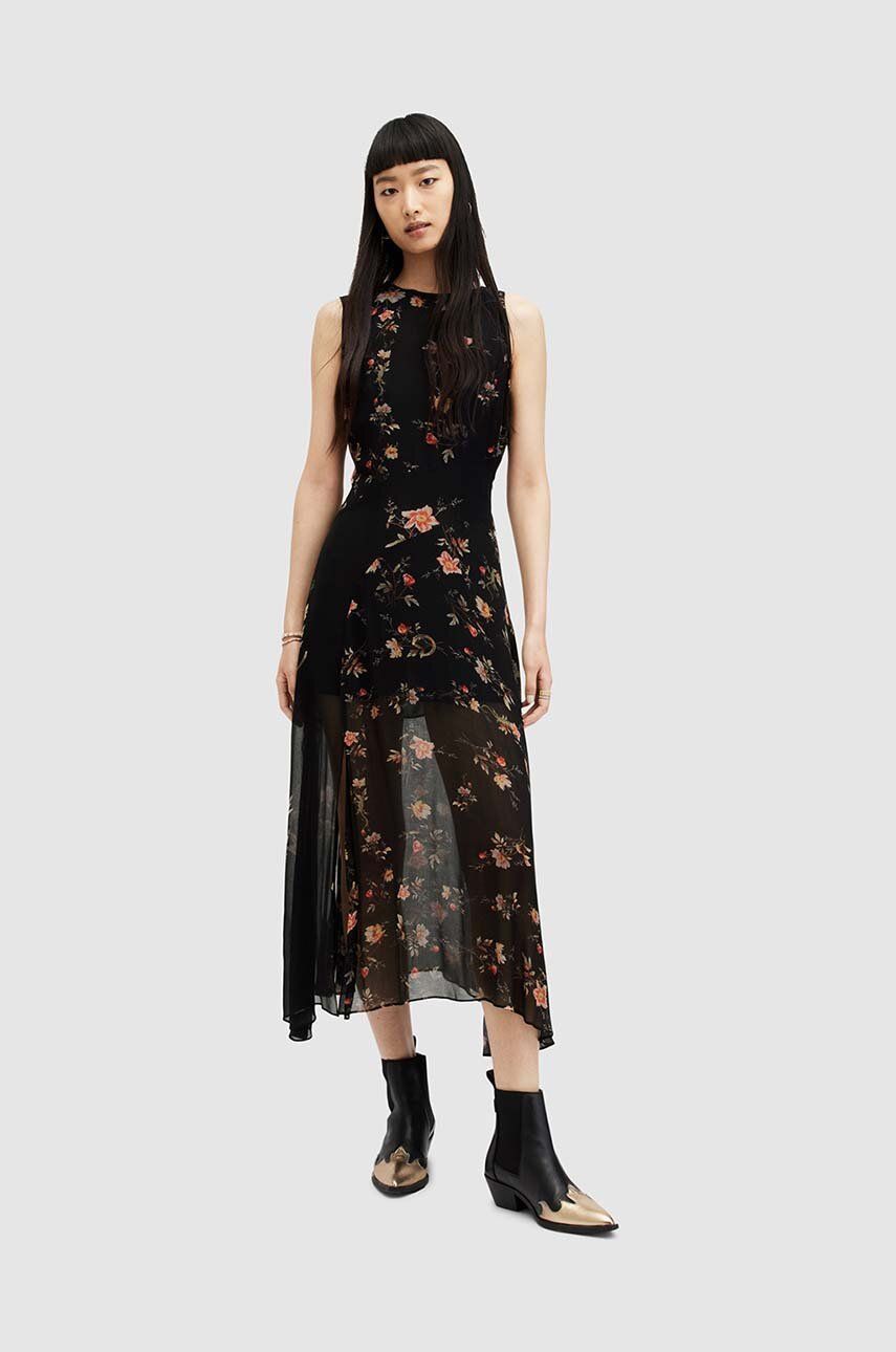 AllSaints rochie Jules Floral Tanana culoarea negru, midi, evazati