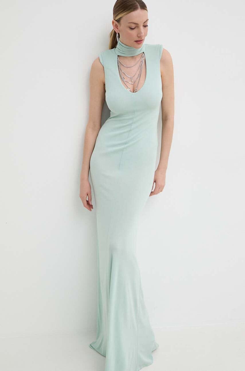 Elisabetta Franchi rochie culoarea turcoaz, maxi, mulată, AB64742E2