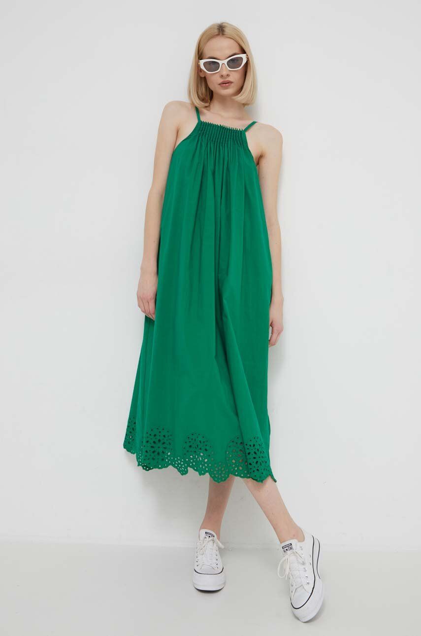Desigual rochie din bumbac culoarea verde, maxi, evazati