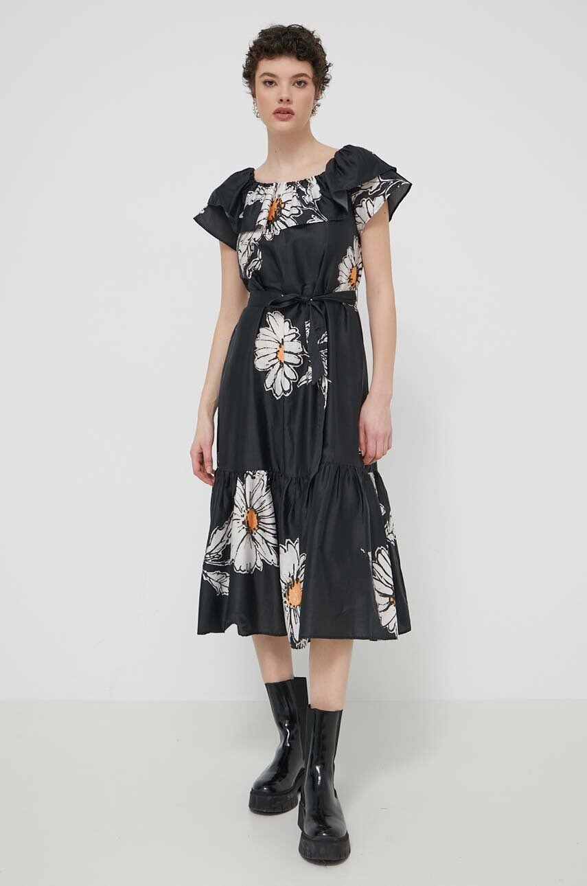 Desigual rochie din bumbac GEORGEO culoarea negru, midi, evazată, 24SWVW02