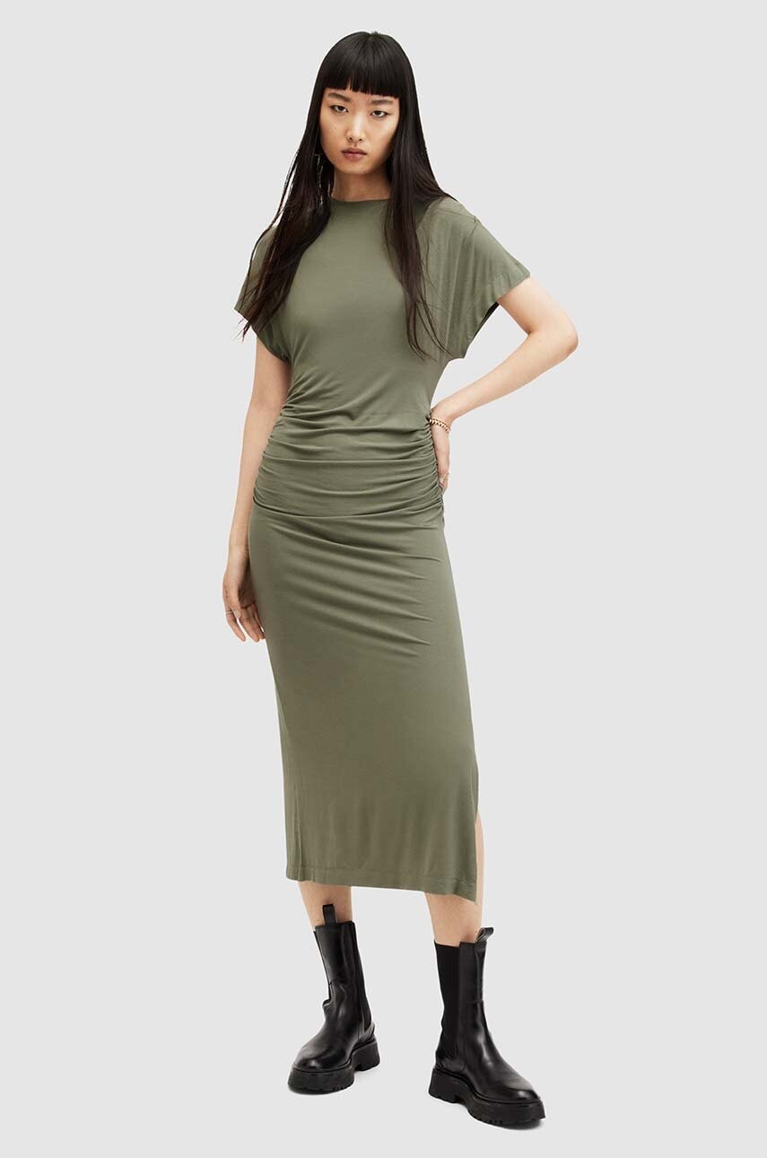 AllSaints rochie NATALIE culoarea verde, midi, mulata