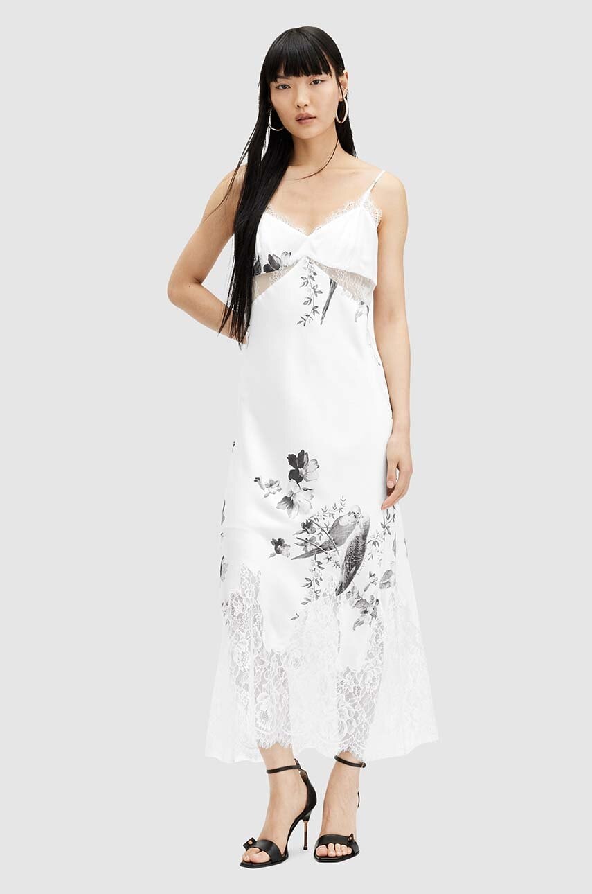 AllSaints rochie EVANGELIA IONA DRESS culoarea alb, midi, drept, W005DA