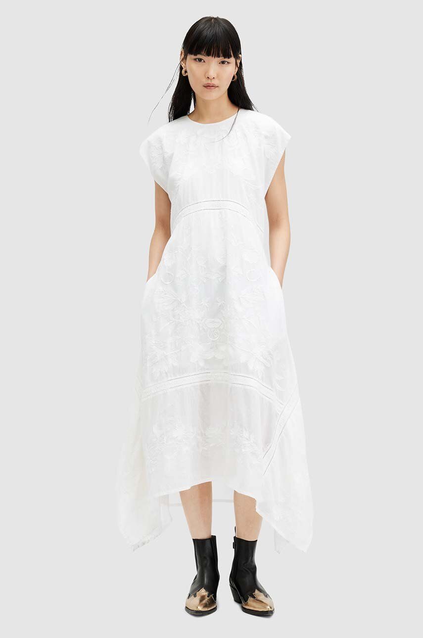 AllSaints rochie din bumbac GIANNA EMB DRESS culoarea alb, maxi, evazati, WD588Z