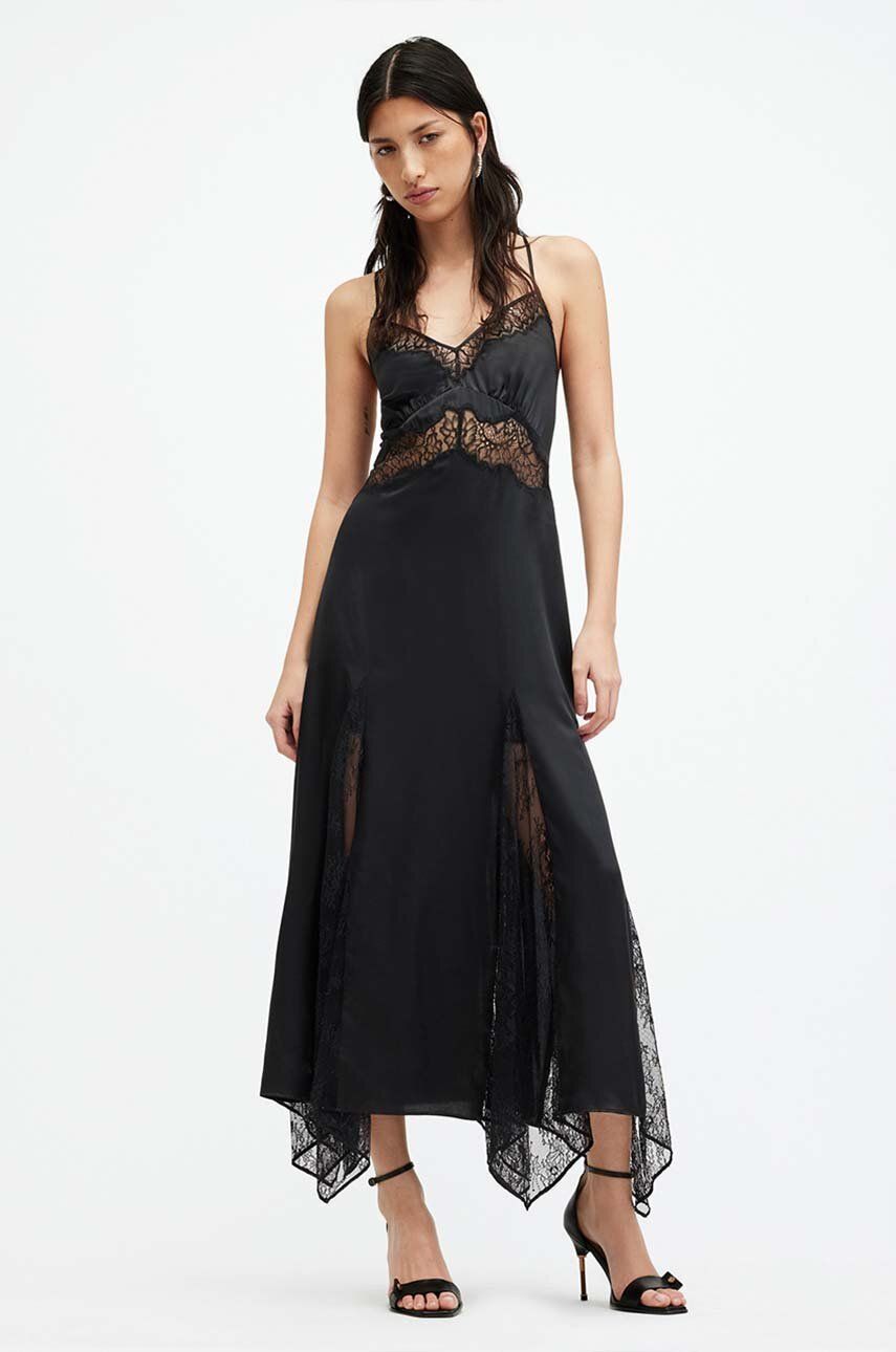 AllSaints rochie din matase JASMINE DRESS culoarea negru, maxi, evazati, W063DA