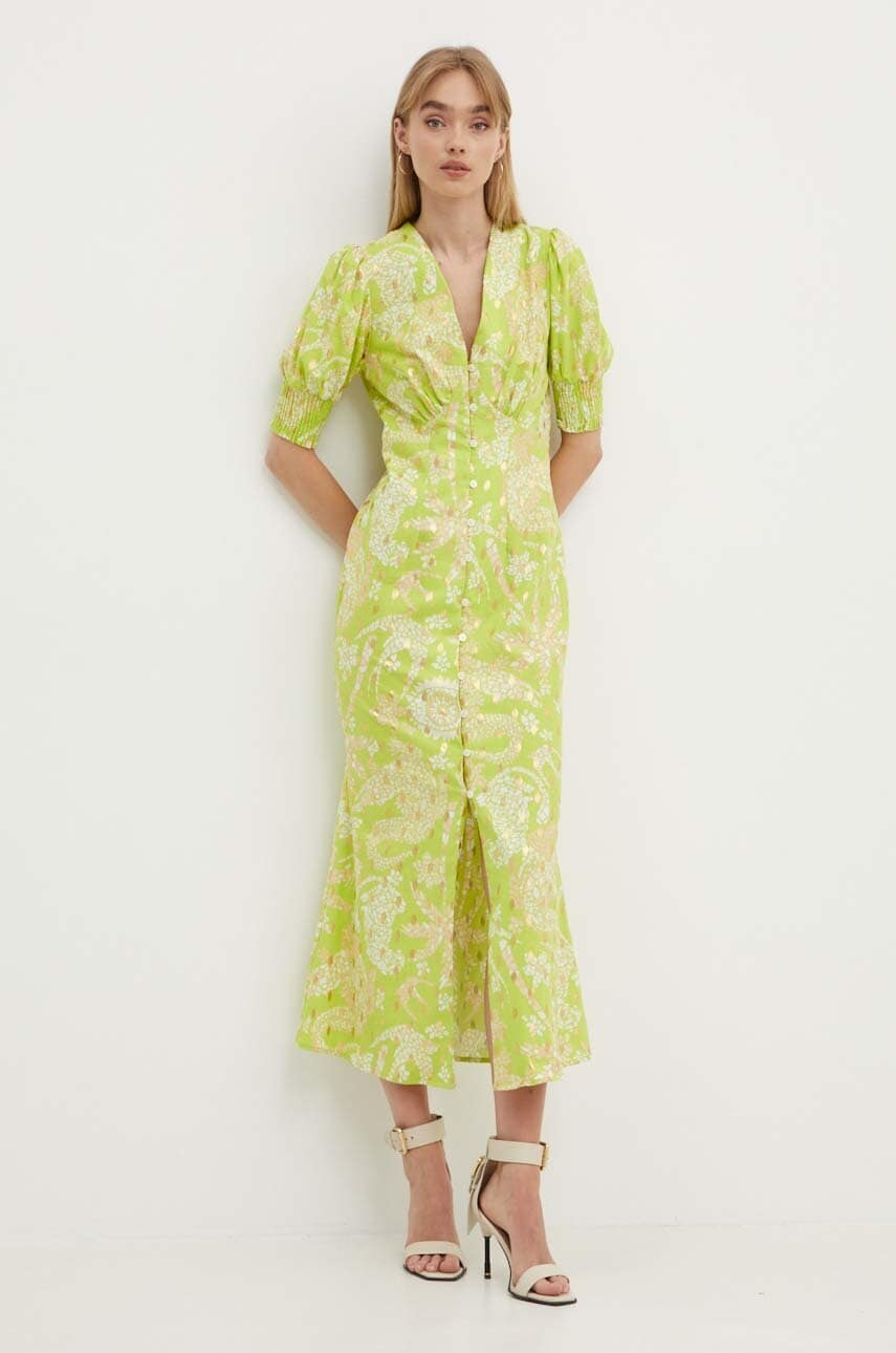 Never Fully Dressed rochie din amestec de in Lindos culoarea verde, maxi, evazati, NFDDR1310 Never Fully Dressed rochie din amestec de in Lindos culoarea verde, maxi, evazati, NFDDR1310