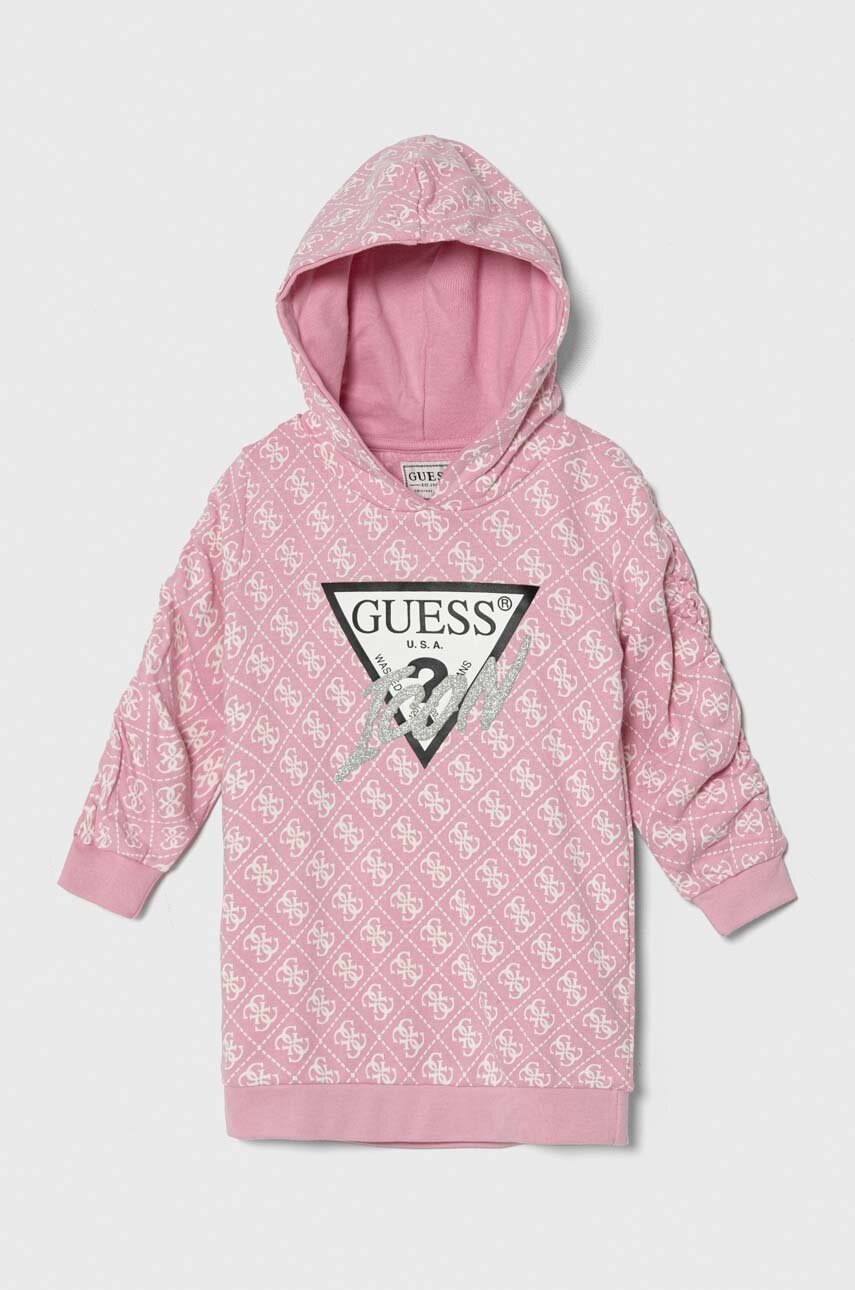 

Детска памучна рокля Guess в розово къса със стандартна кройка, Розов