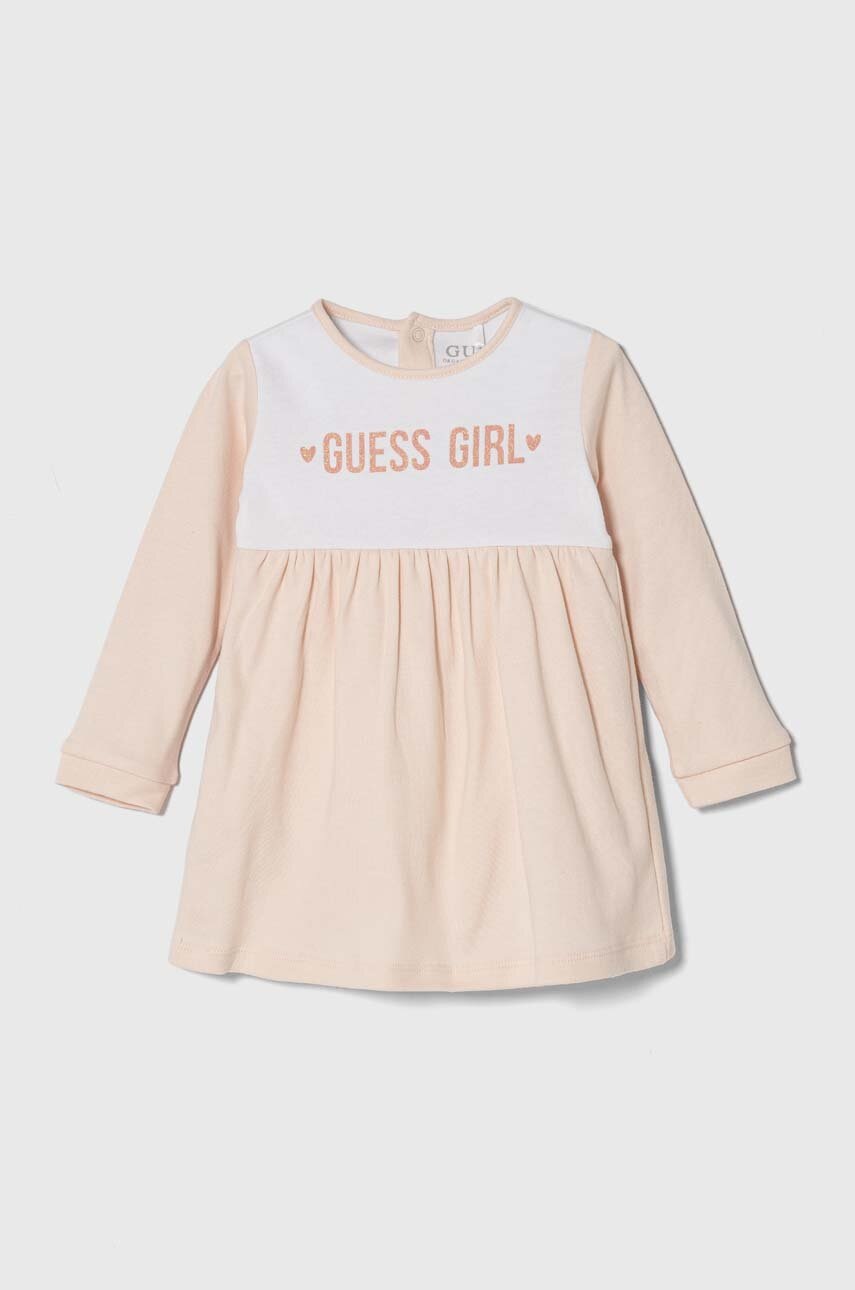 

Бебешка памучна рокля Guess в розово къса разкроена, Розов