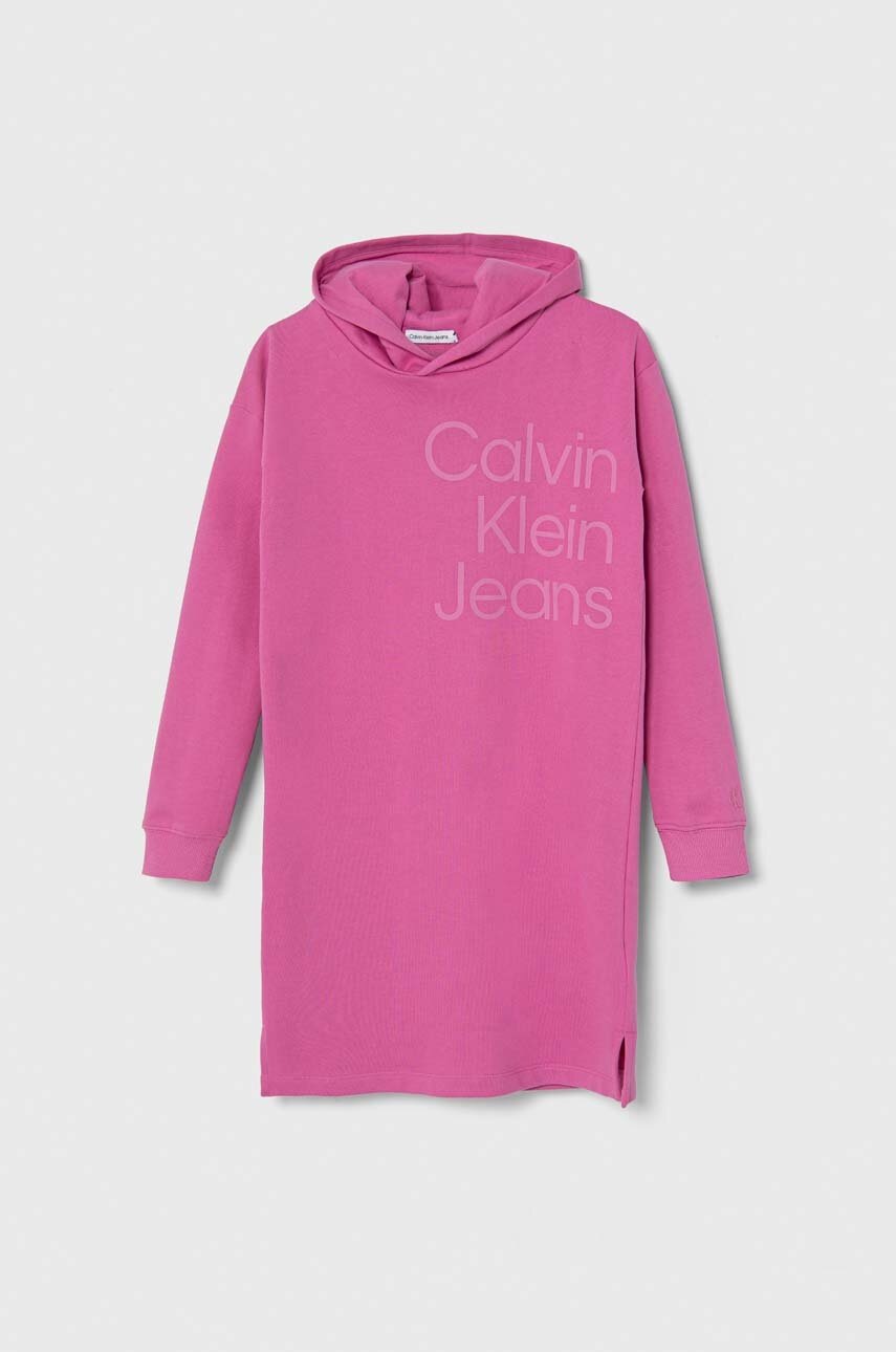 

Детска памучна рокля Calvin Klein Jeans в розово къса със стандартна кройка, Розов