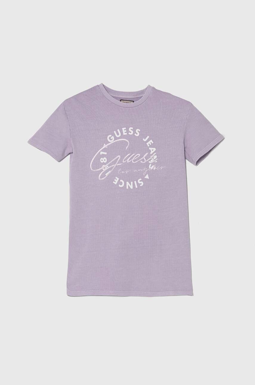 Levně Dětské bavlněné šaty Guess fialová barva, mini, oversize