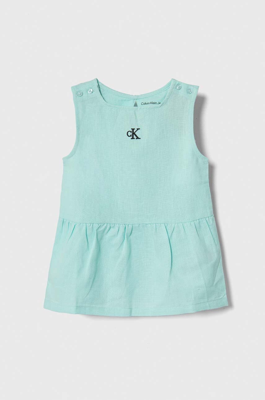 

Детска рокля с лен Calvin Klein Jeans в тюркоазено къса със стандартна кройка, Тюркоазен