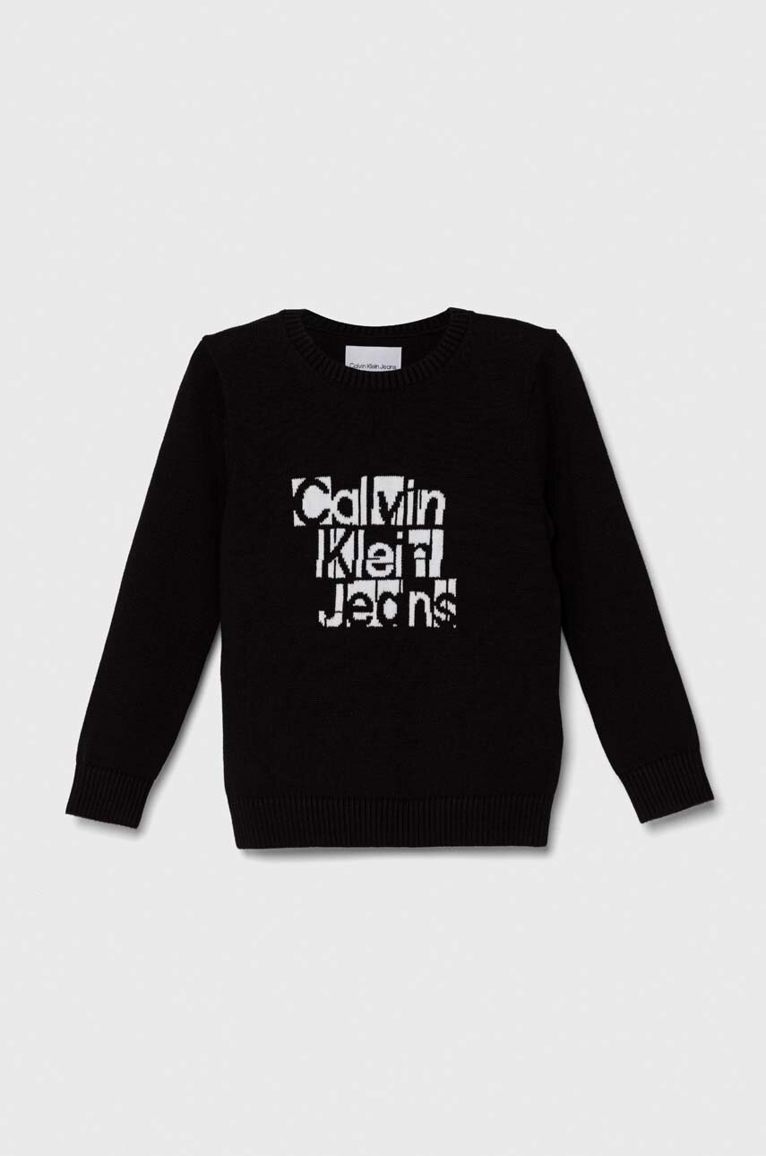 

Детски памучен пуловер Calvin Klein Jeans в черно от лека материя, Черен