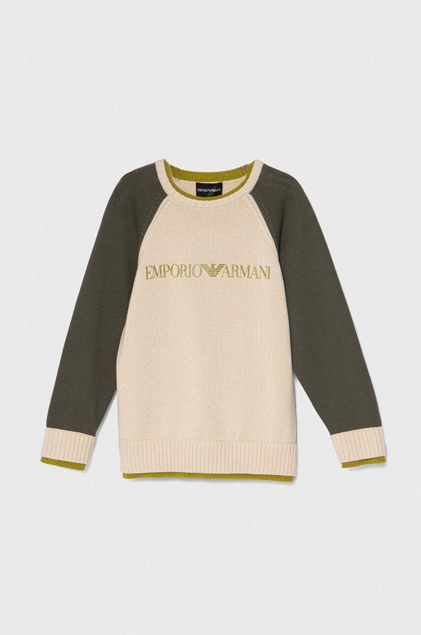 Emporio Armani pulover de bumbac pentru copii culoarea bej, light
