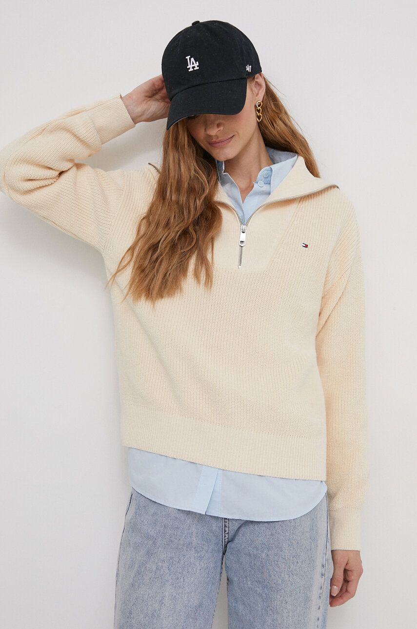Bavlněný svetr Tommy Hilfiger béžová barva, hřejivý, s golfem, WW0WW42420
