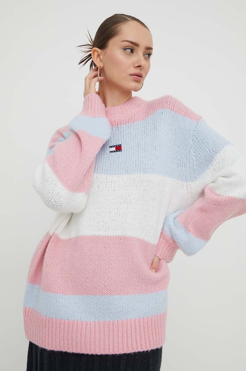 Tommy Jeans pulover din amestec de lana femei, culoarea roz, călduros, cu turtleneck