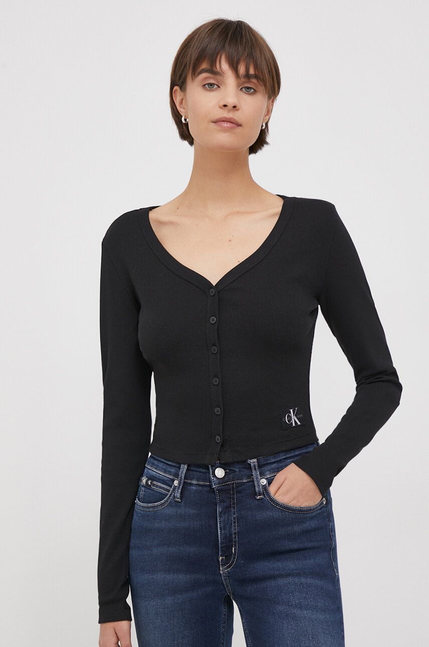 Levně Tričko s dlouhým rukávem Calvin Klein Jeans černá barva, J20J222570