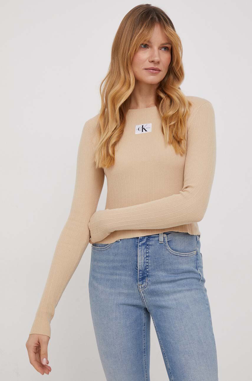 Levně Svetr Calvin Klein Jeans dámský, béžová barva, lehký