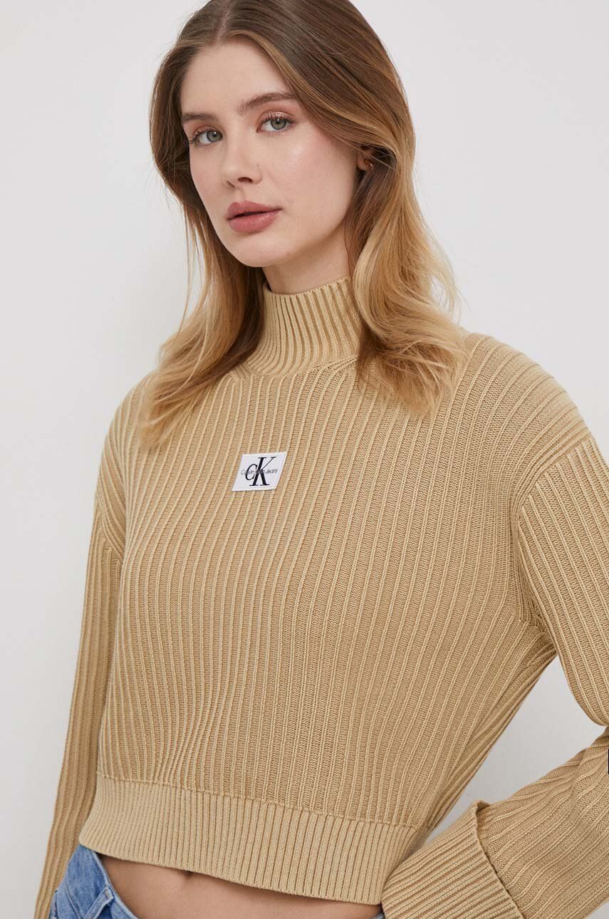 E-shop Bavlněný svetr Calvin Klein Jeans béžová barva, s golfem