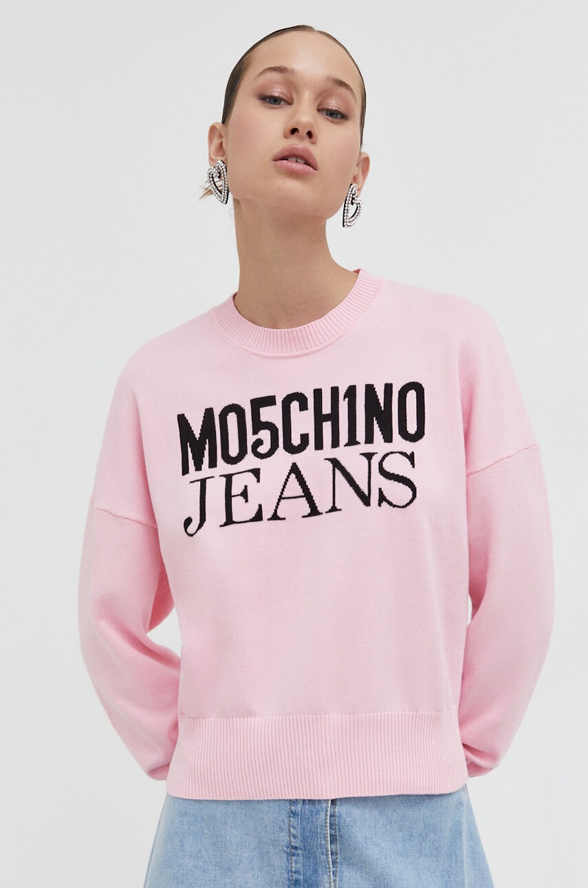 Moschino Jeans pulover de bumbac culoarea roz, light