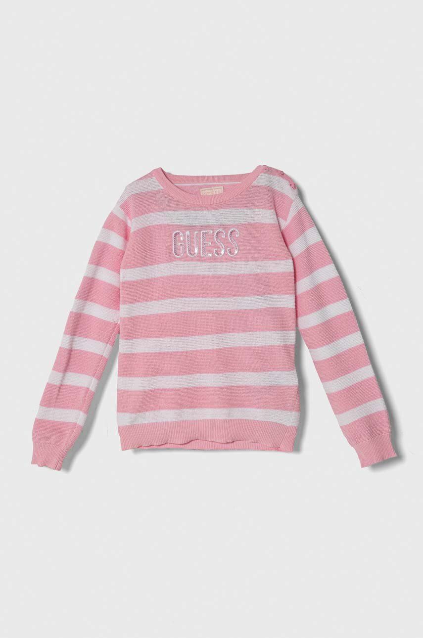 Levně Dětský bavlněný svetr Guess růžová barva, lehký