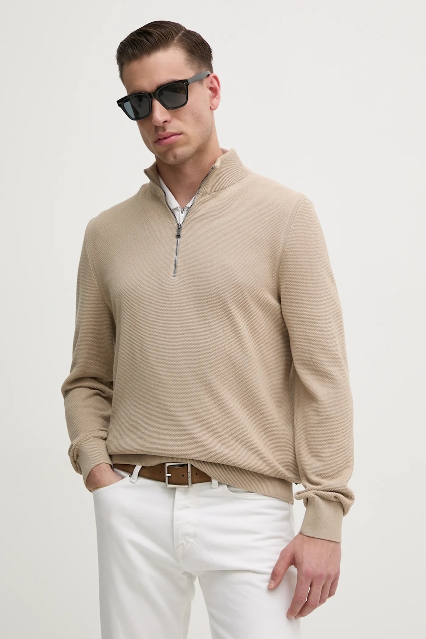 BOSS pulover de bumbac culoarea bej, light, cu turtleneck BOSS pulover de bumbac culoarea bej, light, cu turtleneck