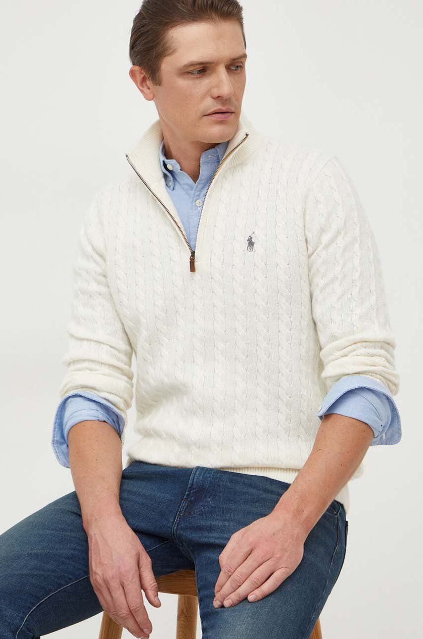 Levně Vlněný svetr Polo Ralph Lauren pánský, béžová barva, lehký, s pologolfem, 710A33364
