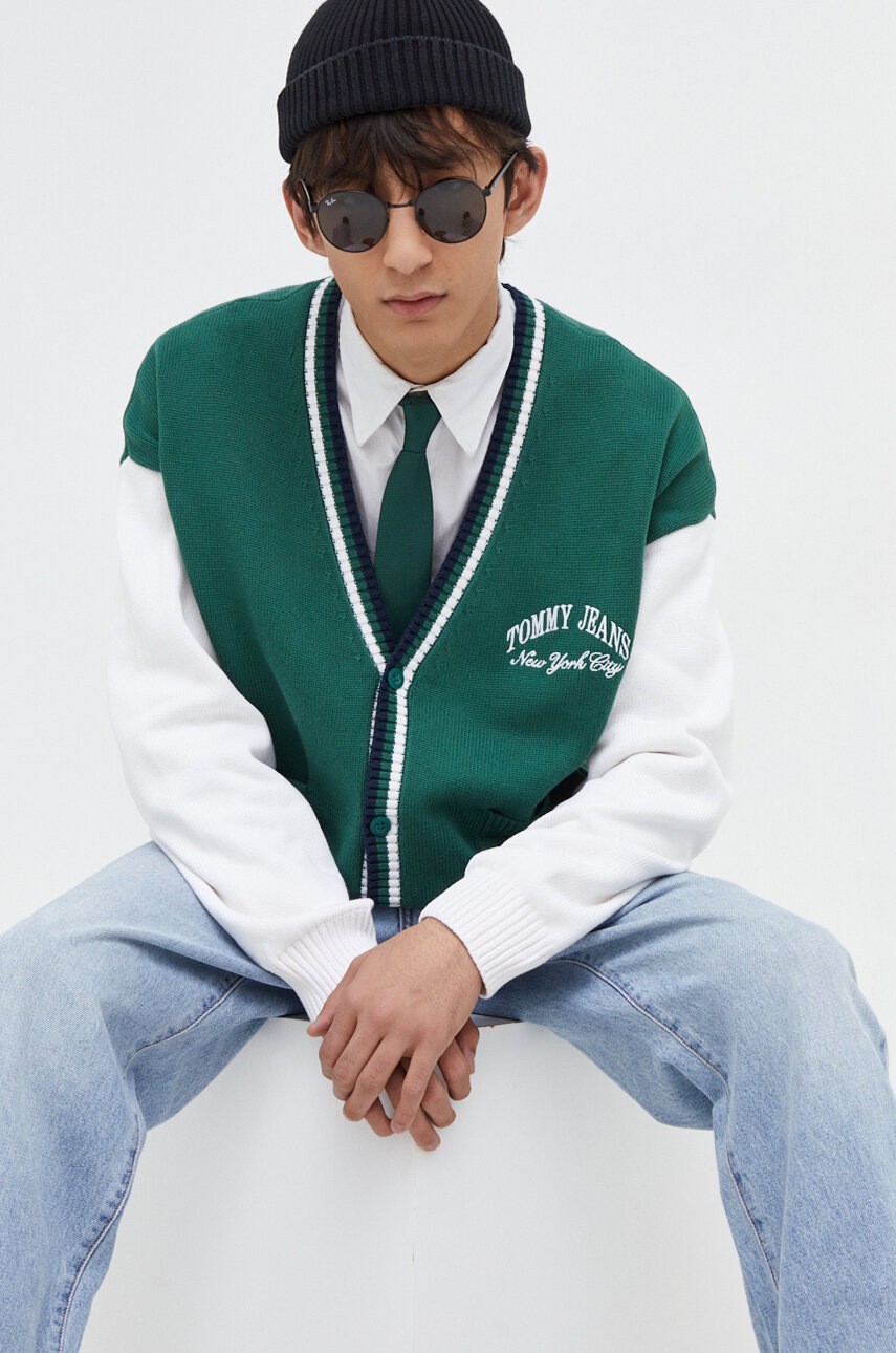 Tommy Jeans cardigan din bumbac culoarea verde