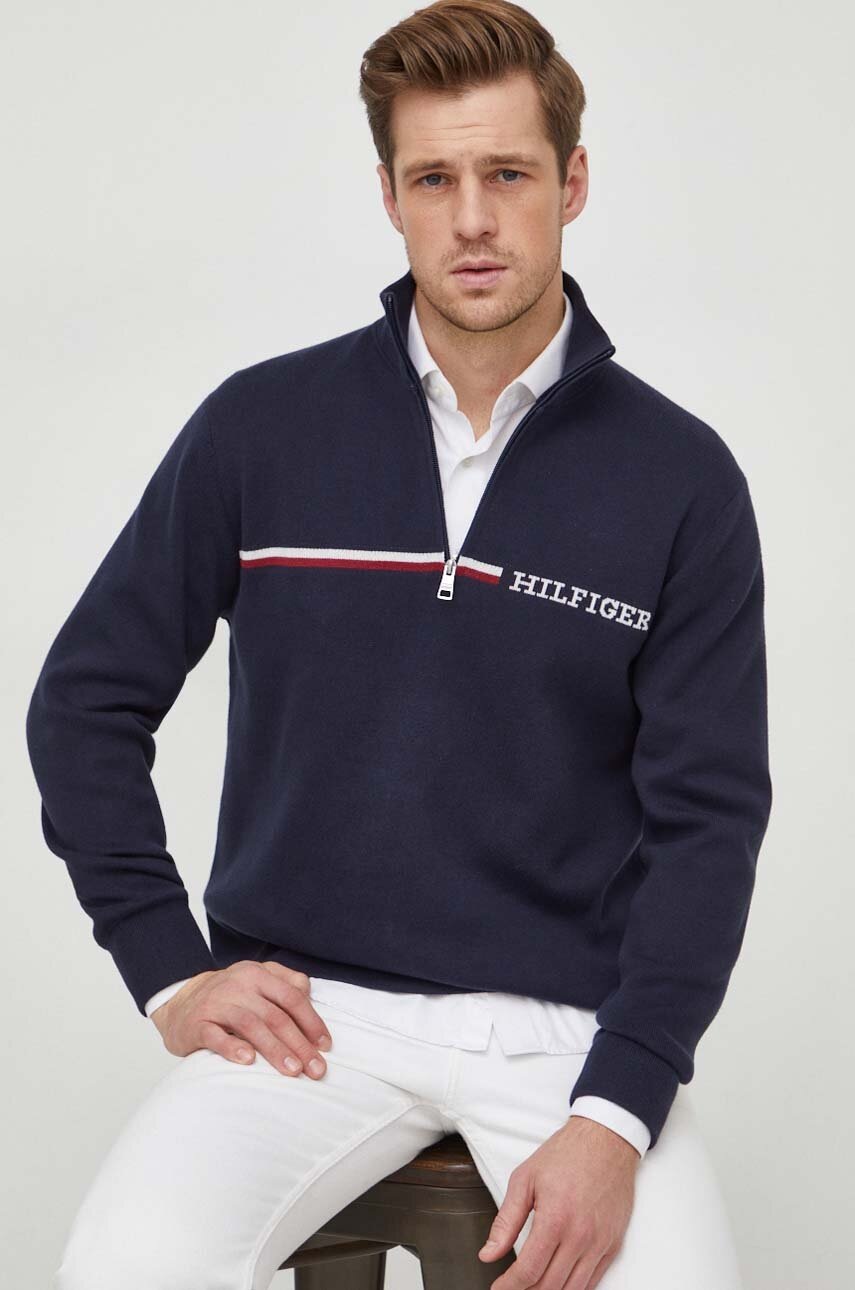 Levně Svetr Tommy Hilfiger pánský, tmavomodrá barva, s pologolfem, MW0MW33508