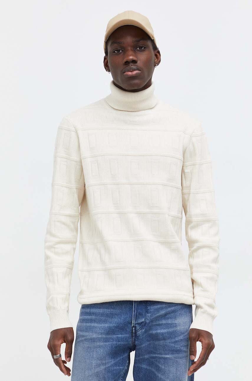 G-Star pulover bărbați, culoarea bej, cu guler