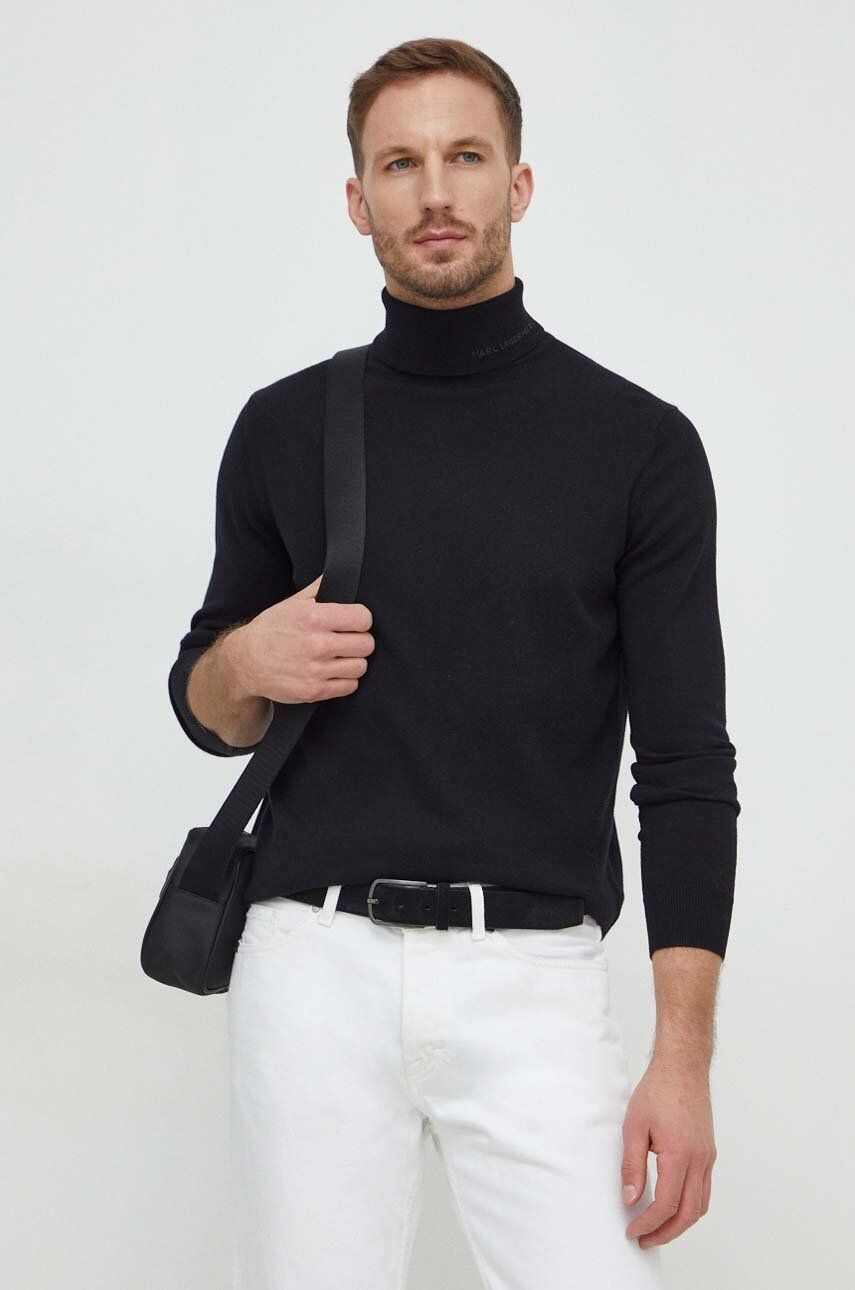 Vlněný svetr Karl Lagerfeld pánský, černá barva, lehký, s golfem