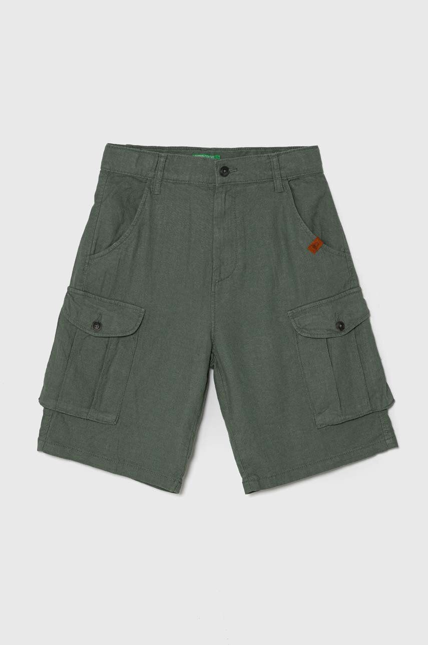 United Colors of Benetton pantaloni scurți de in pentru copii culoarea verde, talie reglabila