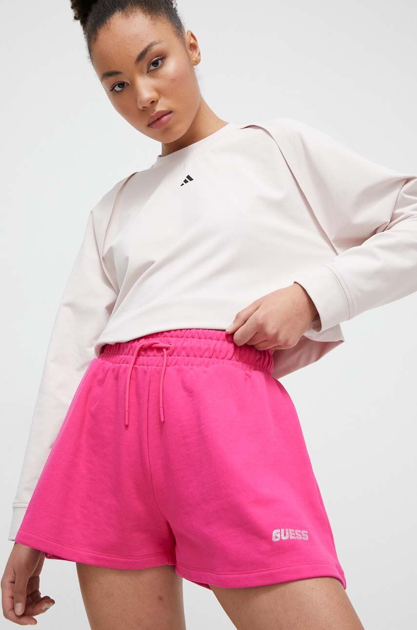 Levně Bavlněné šortky Guess ELEANORA fialová barva, melanžové, high waist, V4RD04 KC5O0