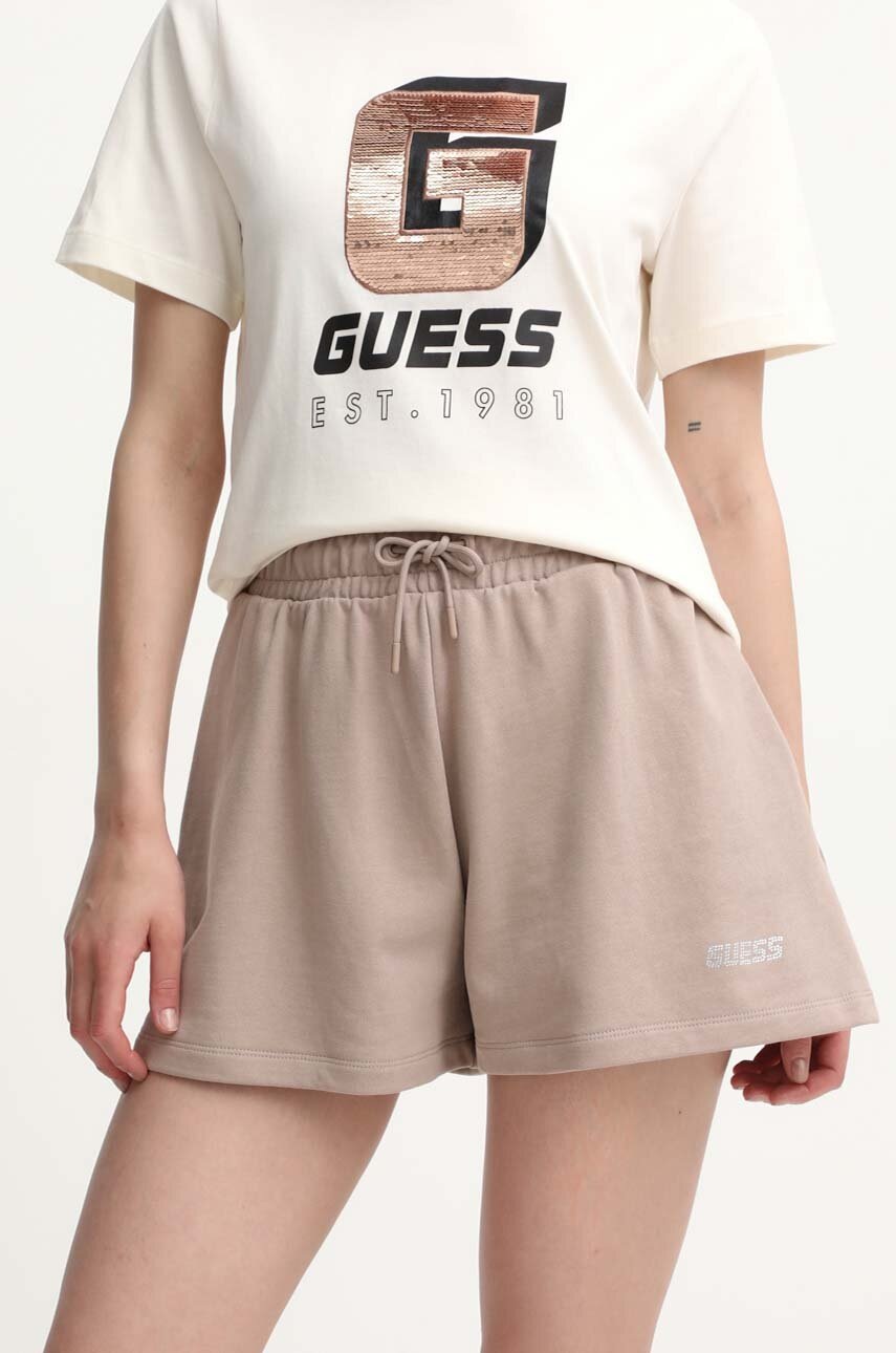 

Памучен къс панталон Guess в кафяво с меланжов десен с висока талия, Кафяв
