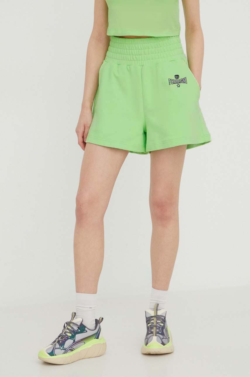 E-shop Bavlněné šortky Chiara Ferragni STRETCH zelená barva, hladké, high waist, 76CBDC01
