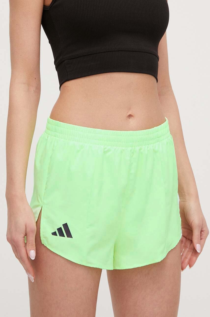 adidas Performance pantaloni scurți de alergare Adizero culoarea verde, neted, medium waist