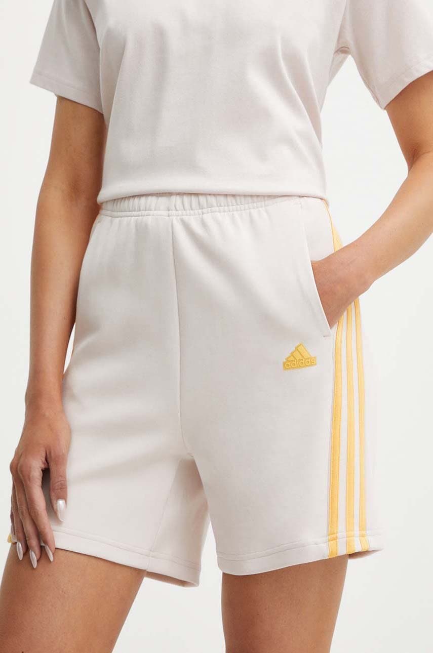 adidas pantaloni scurti femei, culoarea bej, cu imprimeu, high waist, IS3675