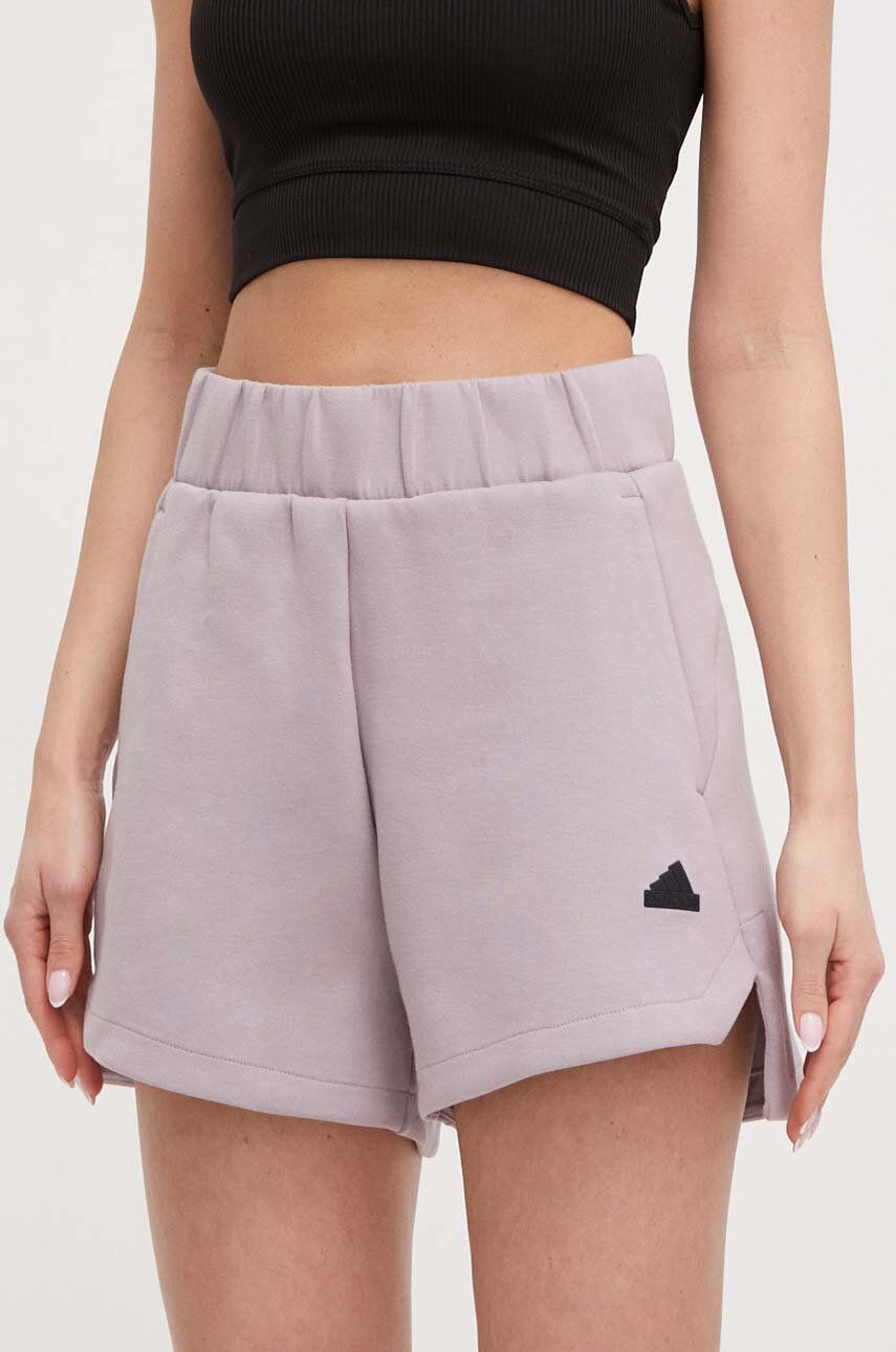 adidas pantaloni scurți Z.N.E femei, culoarea violet, uni, high waist IS3926