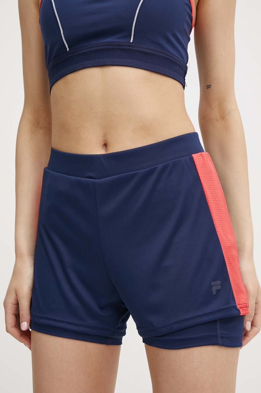 Fila pantaloni scurți de alergare Racale culoarea albastru marin, cu imprimeu, high waist, FAW0708