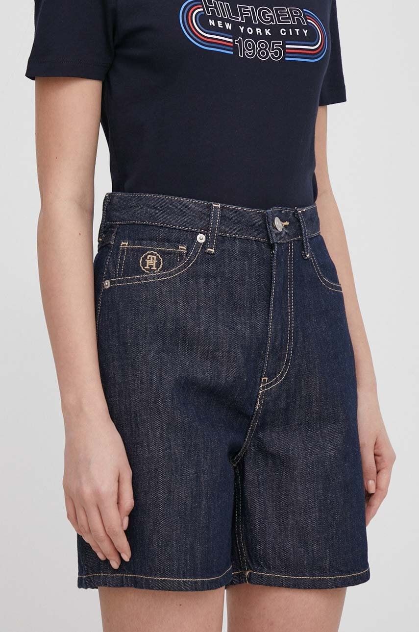 Levně Džínové šortky Tommy Hilfiger dámské, tmavomodrá barva, hladké, high waist, WW0WW41325