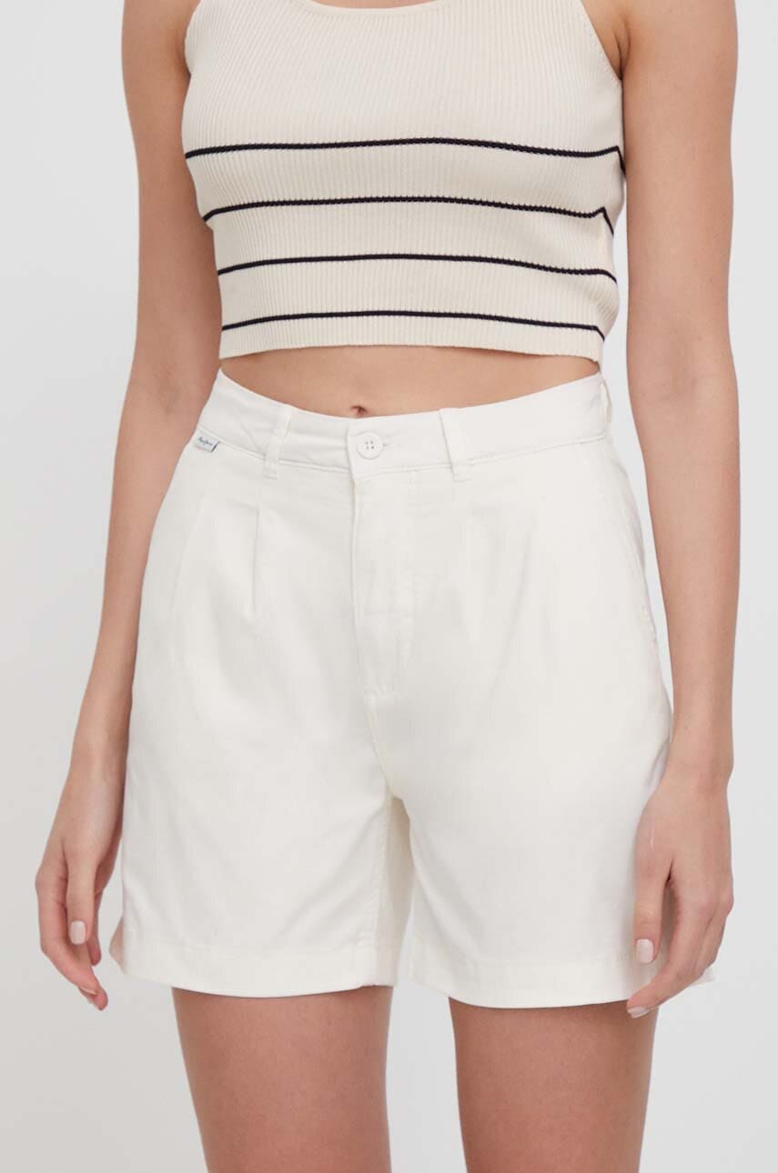 Levně Kraťasy Pepe Jeans dámské, béžová barva, hladké, high waist