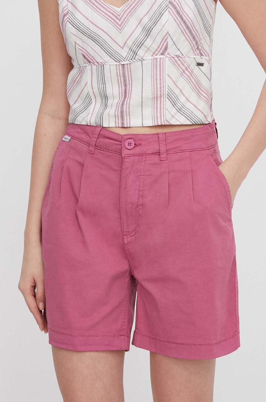 Levně Kraťasy Pepe Jeans dámské, růžová barva, hladké, high waist